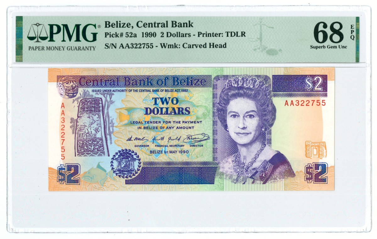 Belize. 2 dollars. Banknote. Type 1990. - PMG 68EPQ