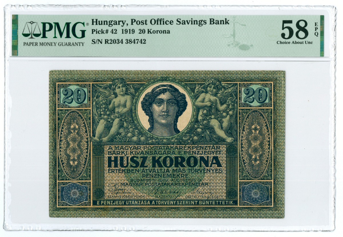 Hungary. 20 korona. Banknote. Type 1919. - PMG 58EPQ