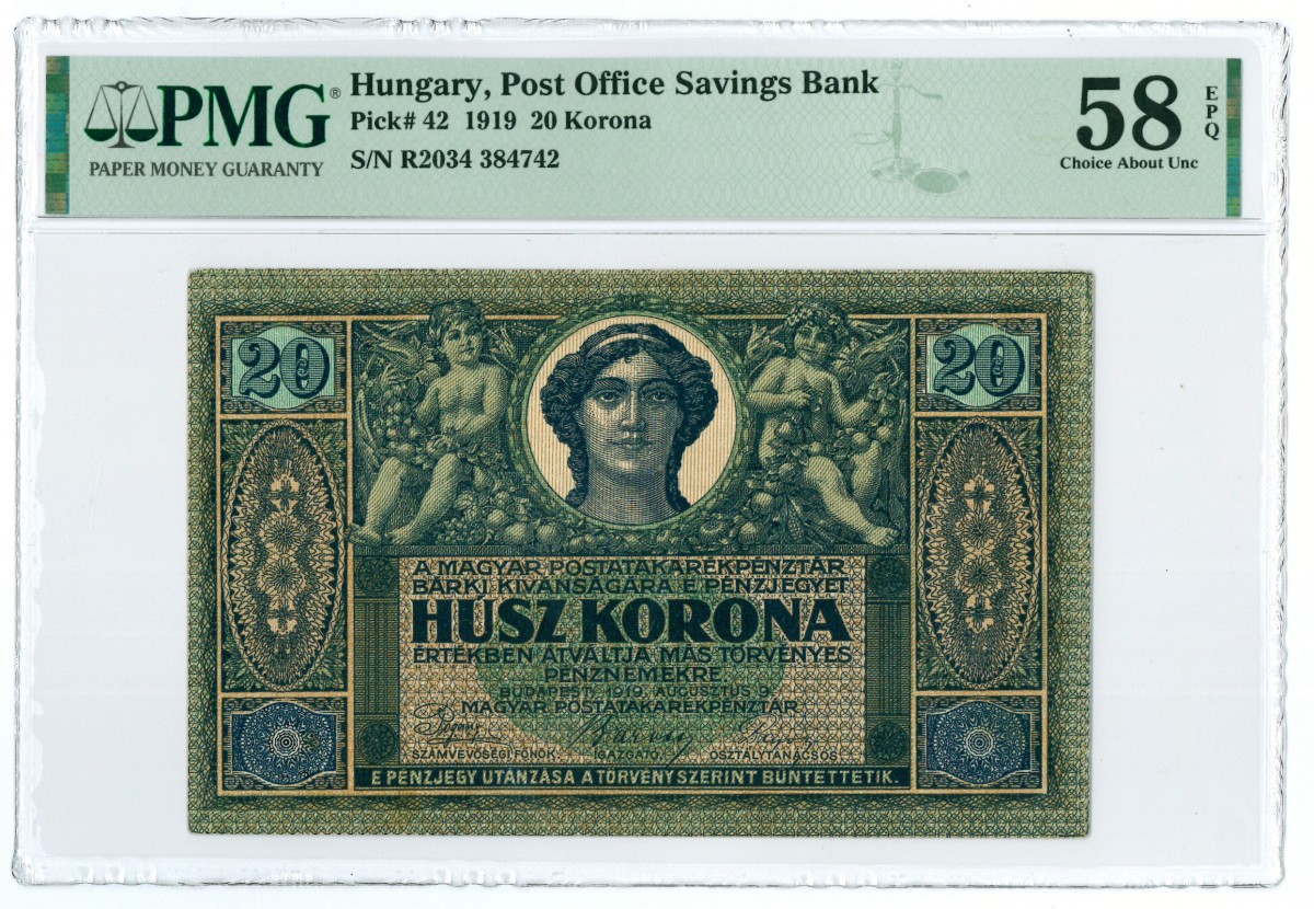 Hungary. 20 korona. Banknote. Type 1919. - PMG 58EPQ