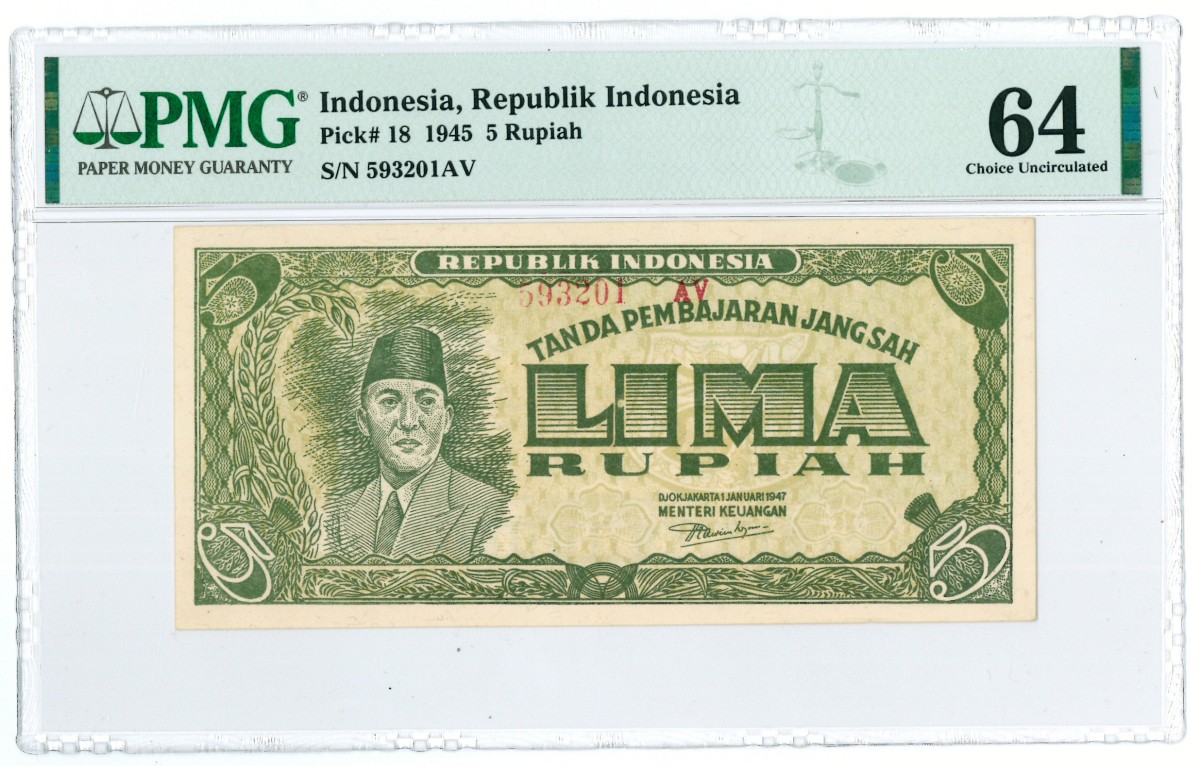 Indonesia. 5 rupiah. Banknote. Type 1945. - PMG 64