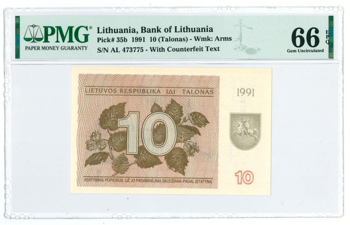 Lithuania. 10 talonas. Banknote. Type 1991. - PMG 66EPQ