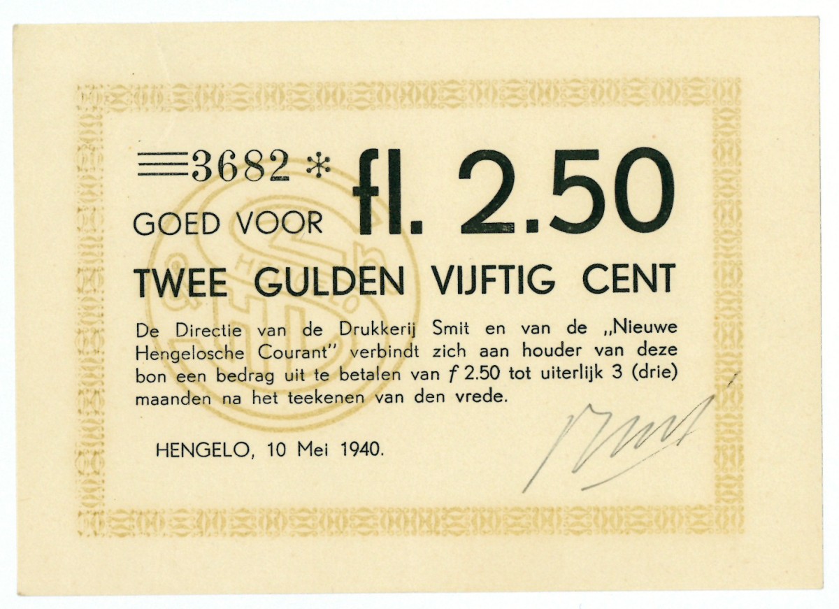 Nederland. 2½ gulden. Waardebon. Type 1940. Type Hengelo. - Nagenoeg UNC.