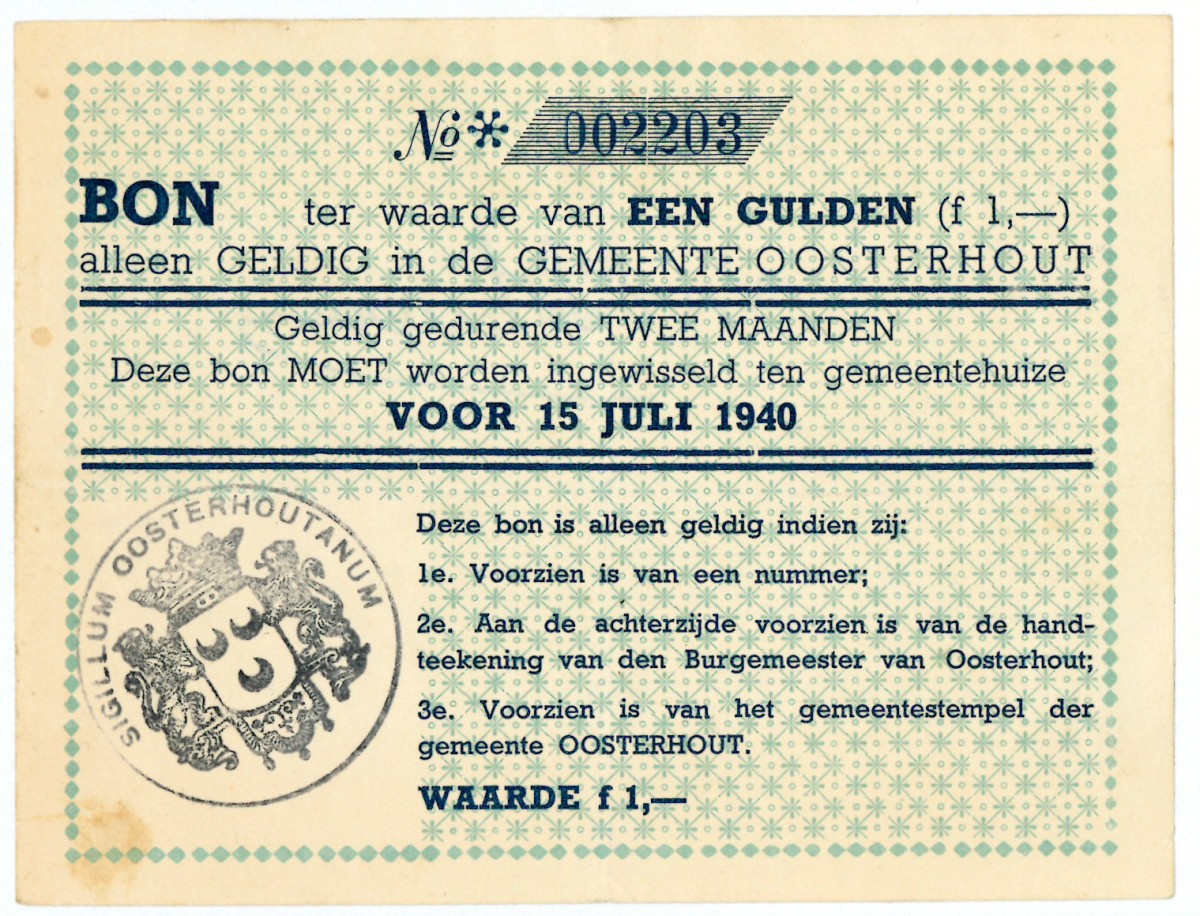 Nederland. 1 gulden. Waardebon. Type 1940. Type Oosterhout. - Zeer Fraai.