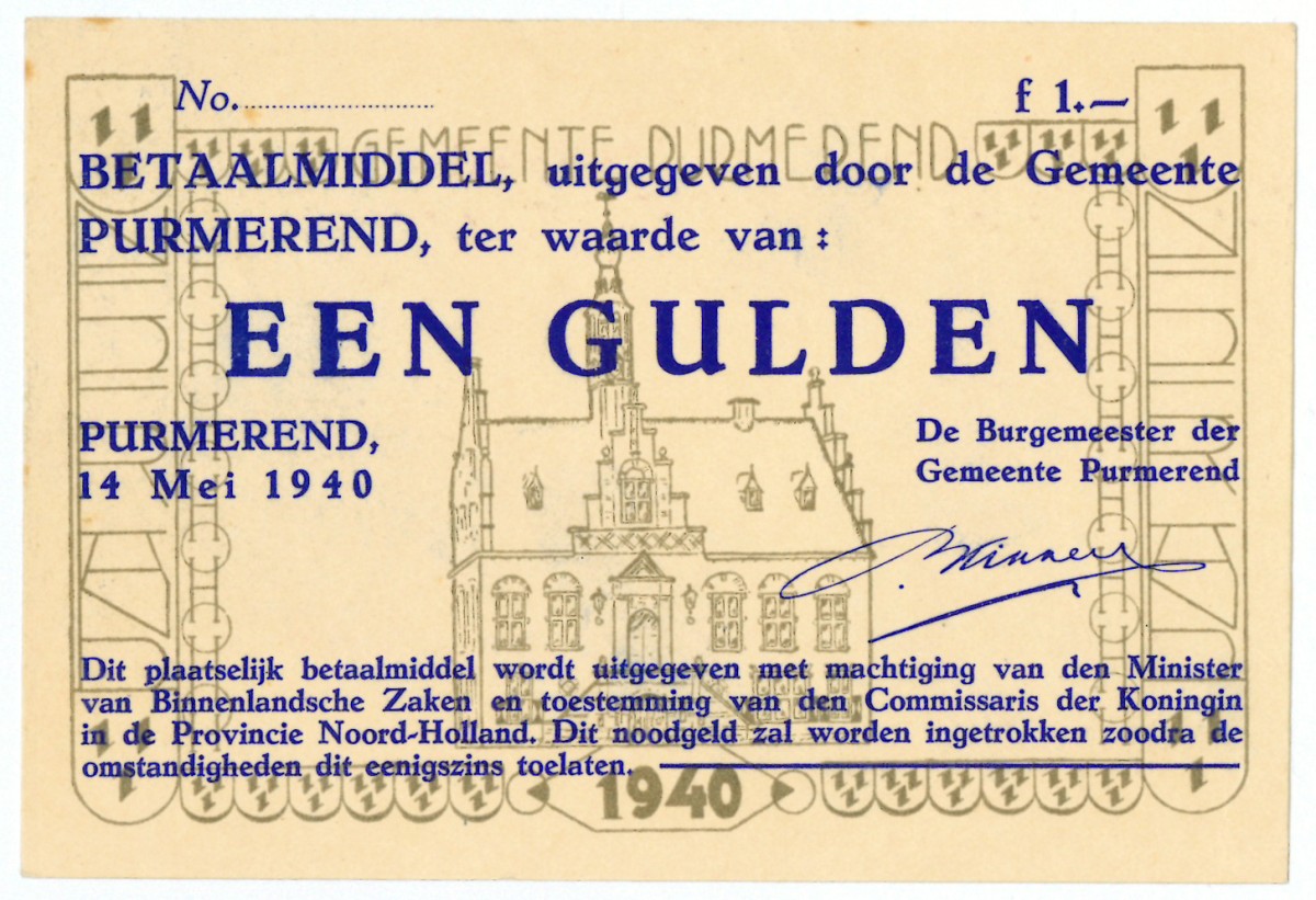 Nederland. 1 gulden. Waardebon. Type 1940. Type Purmerend. - UNC.
