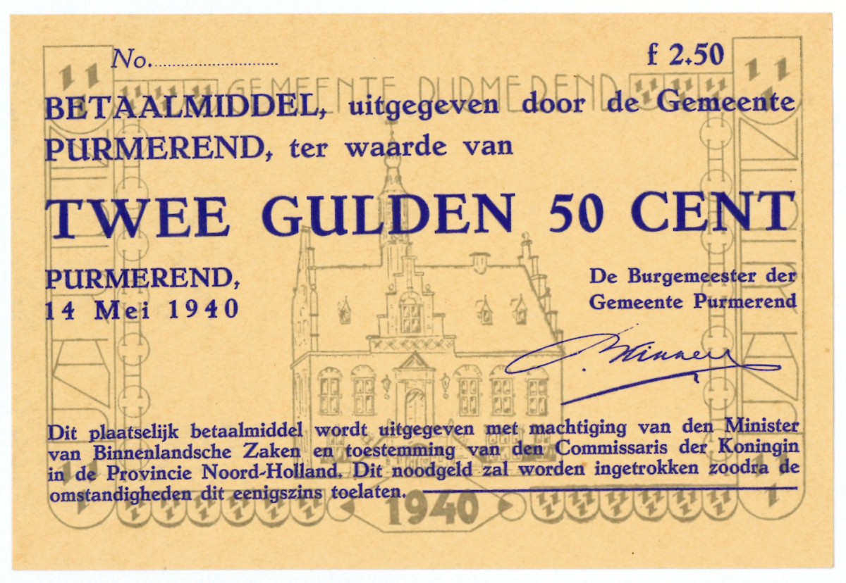 Nederland. 2½ gulden. Waardebon. Type 1940. Type Purmerend. - UNC.