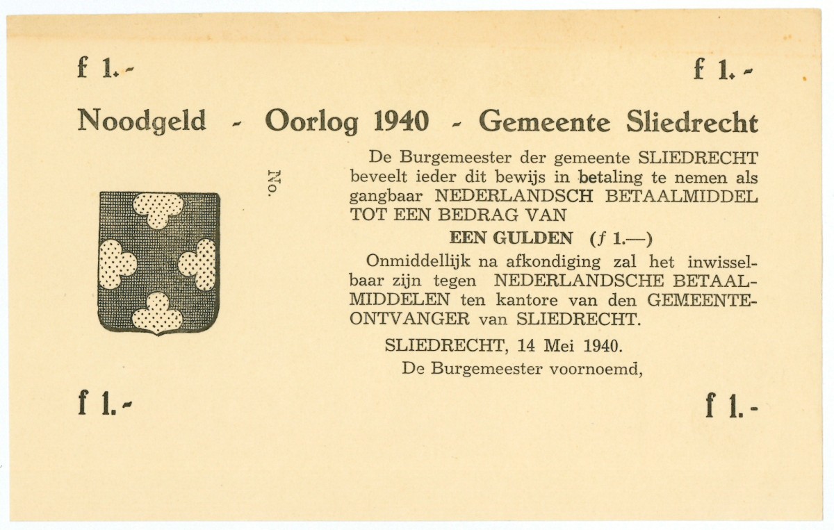 Nederland. 1 gulden. Waardebon. Type 1940. Type Sliedrecht. - UNC.