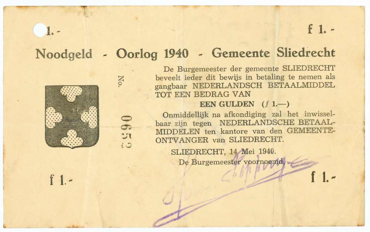 Nederland. 1 gulden. Waardebon. Type 1940. Type Sliedrecht. - Fraai / Zeer Fraai.