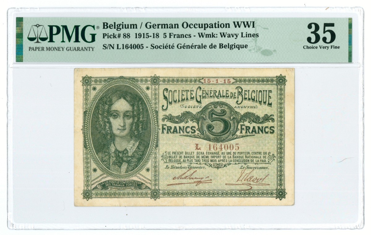 Belgium. 5 francs. Banknote. Type 1915-1918. - PMG 35.