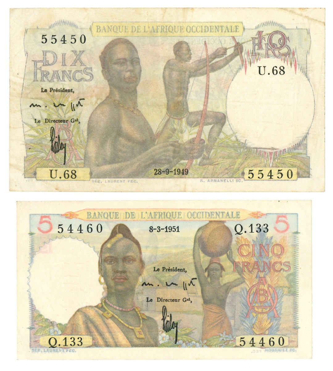 No reserve - L'Afrique occidentale. 5 and 10 francs. Banknote. Type 1949-1951. - Very fine.