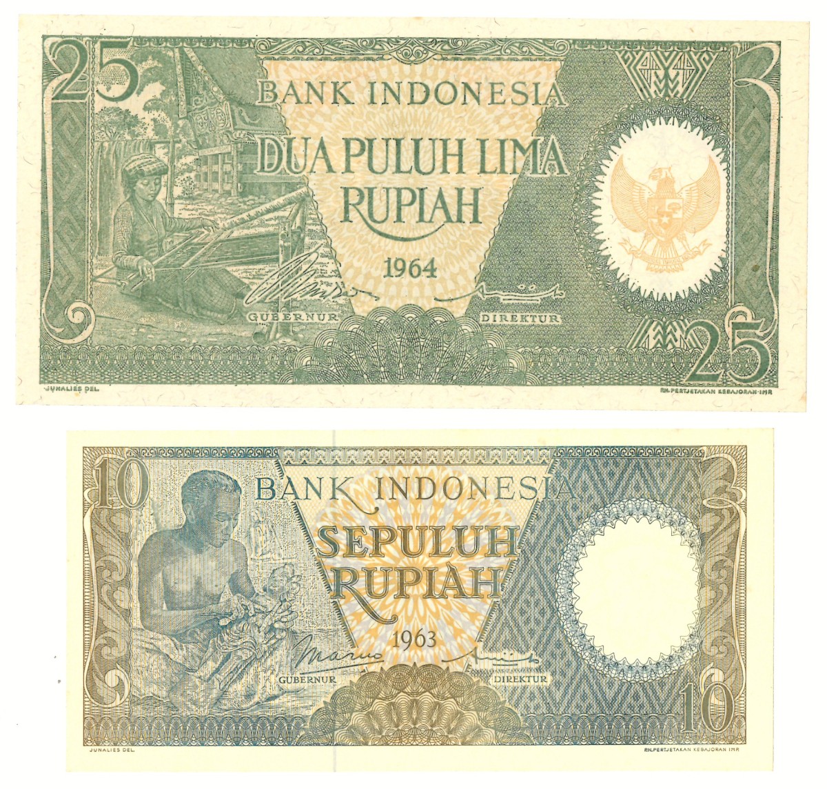 No reserve - Indonesia. 10 and 25 rupiah. Banknote. Type 1963. - UNC.