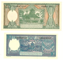 No reserve - Indonesia. 10 and 25 rupiah. Banknote. Type 1963. - UNC.