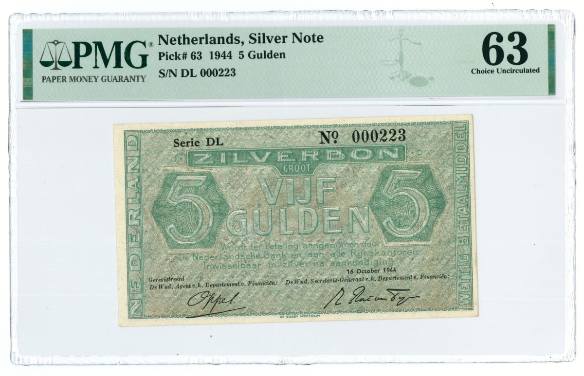 Nederland. 5 gulden. Zilverbon. Type 1944. - PMG 63.