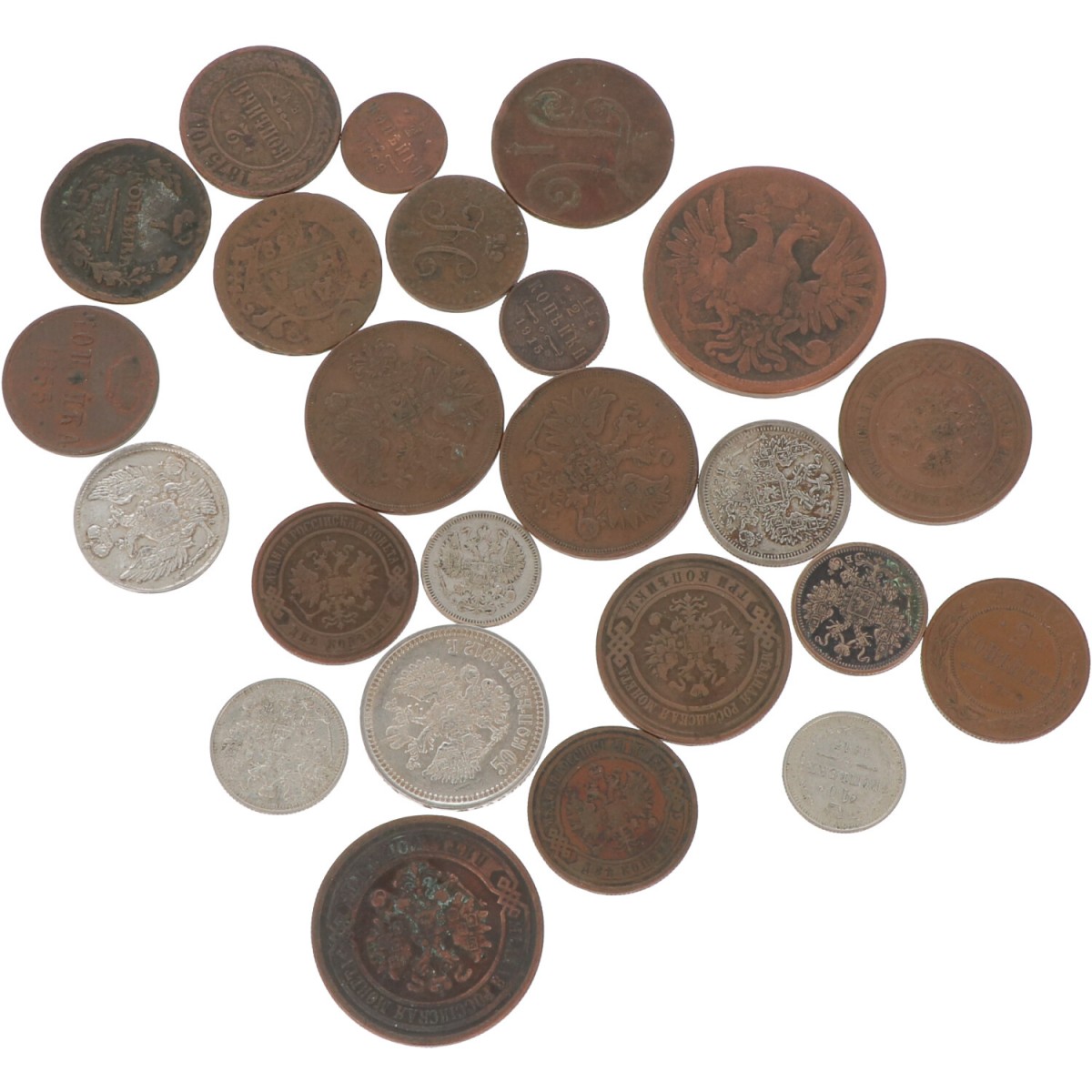 Russia. Lot (24) Silver and copper Kopek coins. Mostly 19th century.