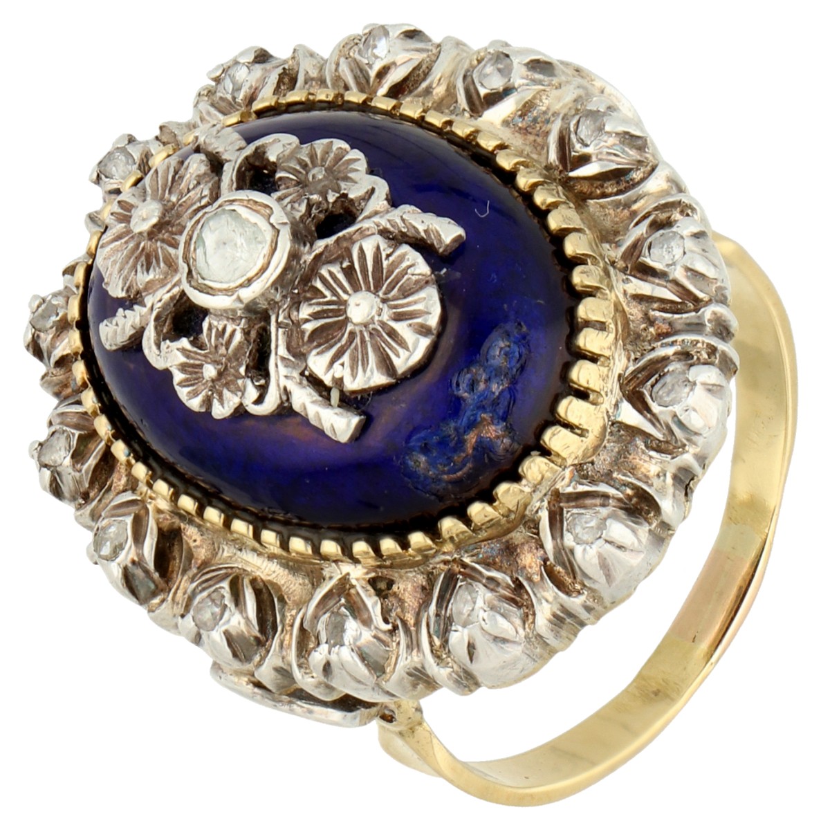 Gouden / zilveren blauw geëmailleerde entourage ring met diamant.