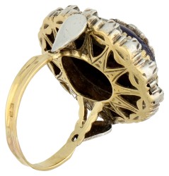 Gouden / zilveren blauw geëmailleerde entourage ring met diamant.