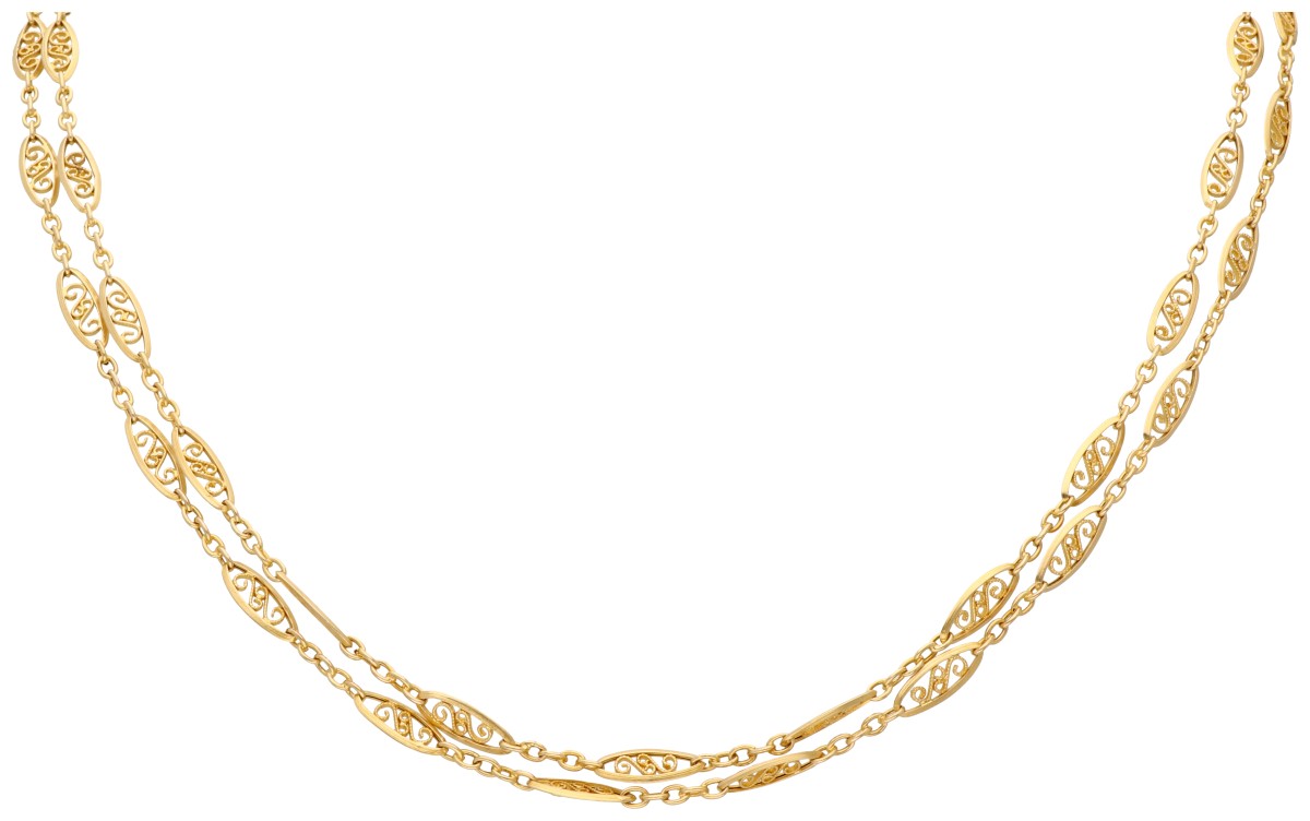 Antiek 18K geelgouden sautoir / tweerijig filigrain collier.