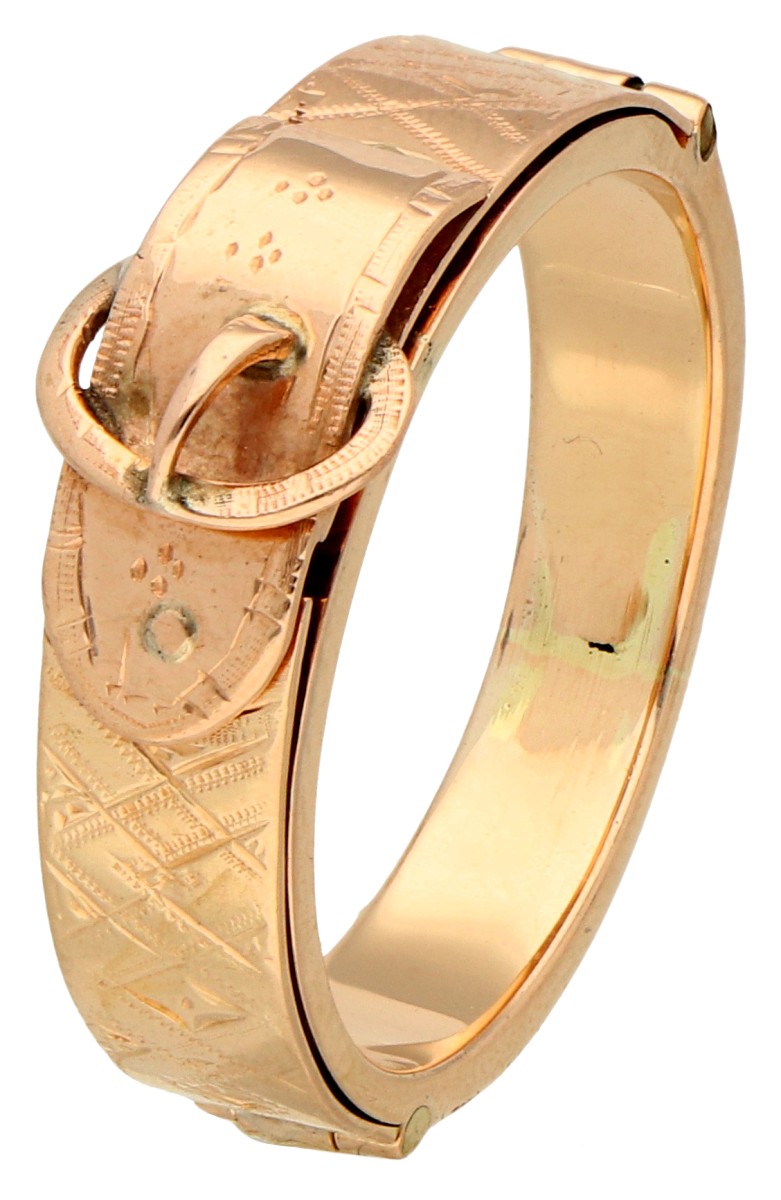 Antieke 14K geelgouden gesp ring met compartiment.