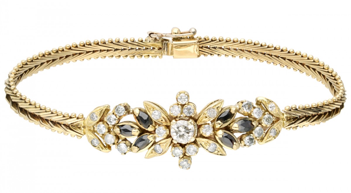 Klassieke geelgouden armband, met ca. 1.34 ct. diamant en granaat - 14 kt.