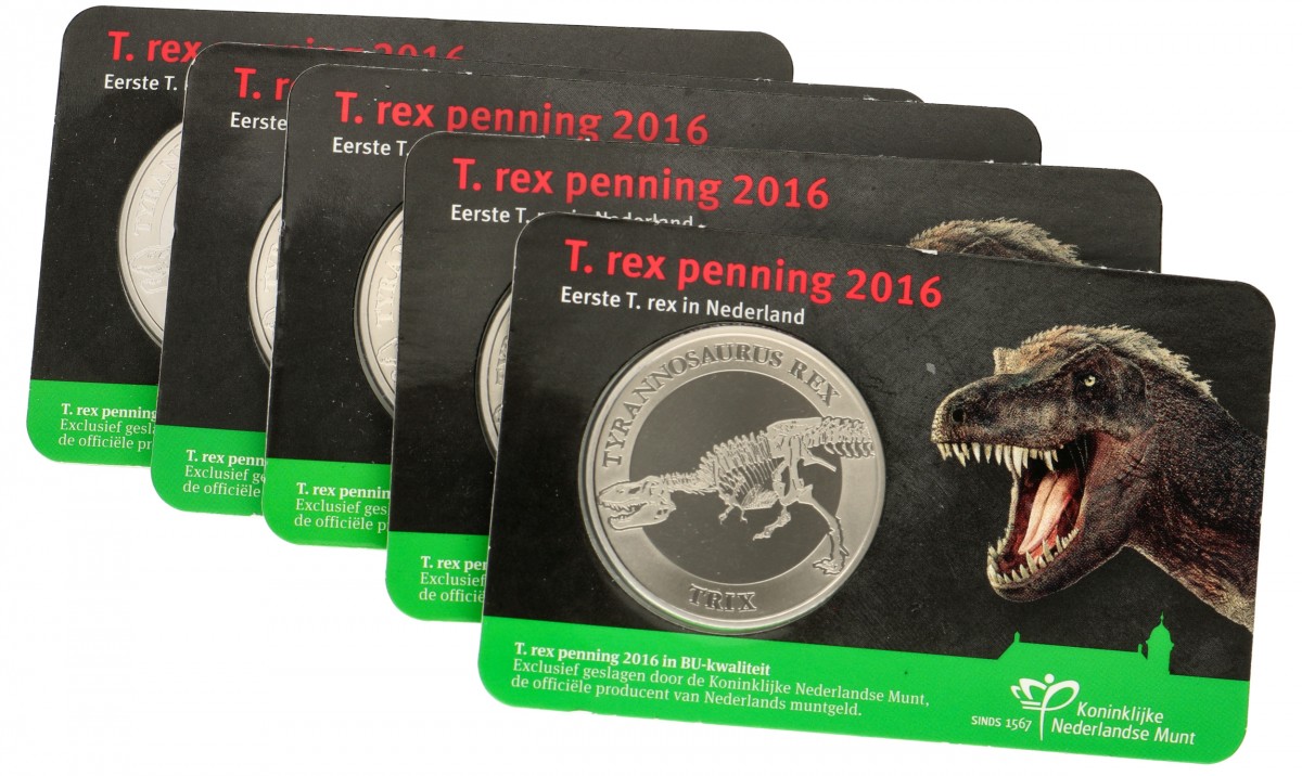 Nederland. Lot (5) T.rex penning in Coincard. 2016.
