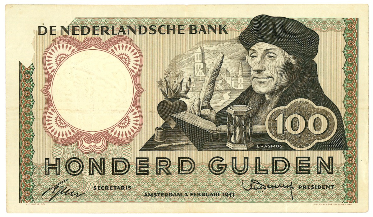 Nederland. 100 gulden. Misdruk - hoek onbedrukt. Type 1953. - Zeer Fraai.