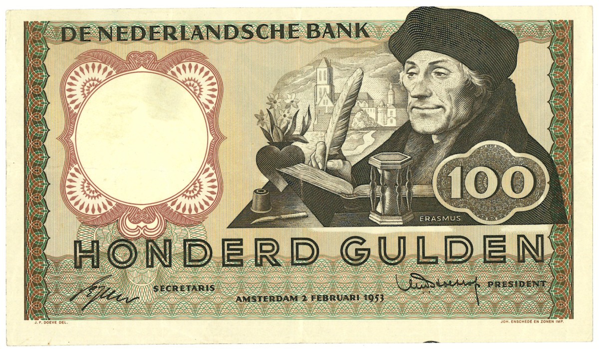 Nederland. 100 gulden. Misdruk. Type 1953. Type Erasmus. - Zeer Fraai.