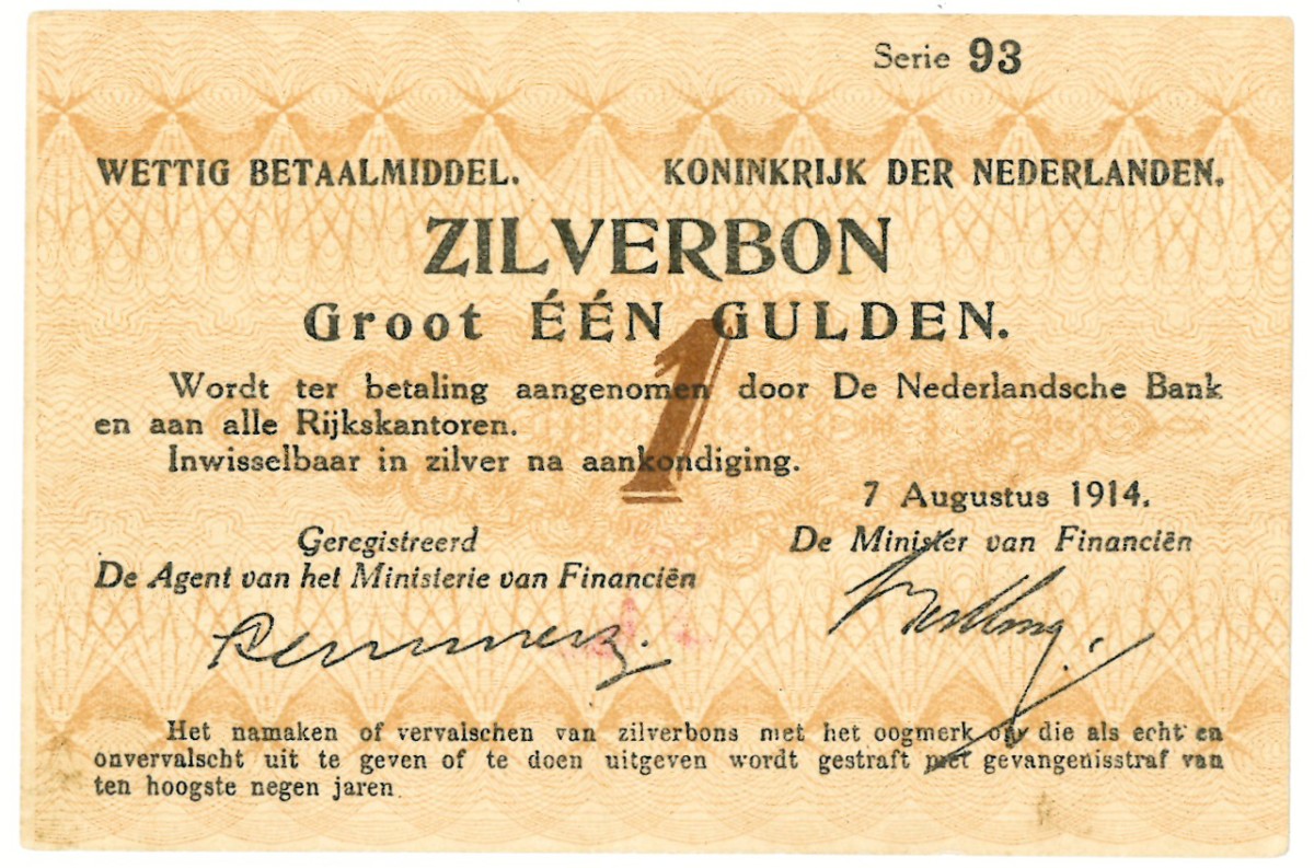 Nederland. 1 gulden. Zilverbon. Type 1914. - Prachtig.