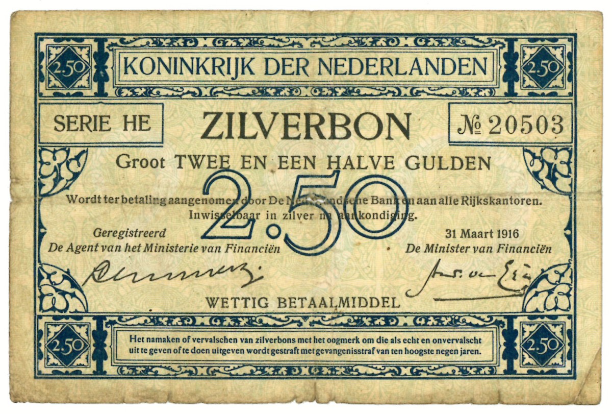 Nederland. 2½ gulden. Zilverbon. Type 1915. - Zeer Goed / Fraai.