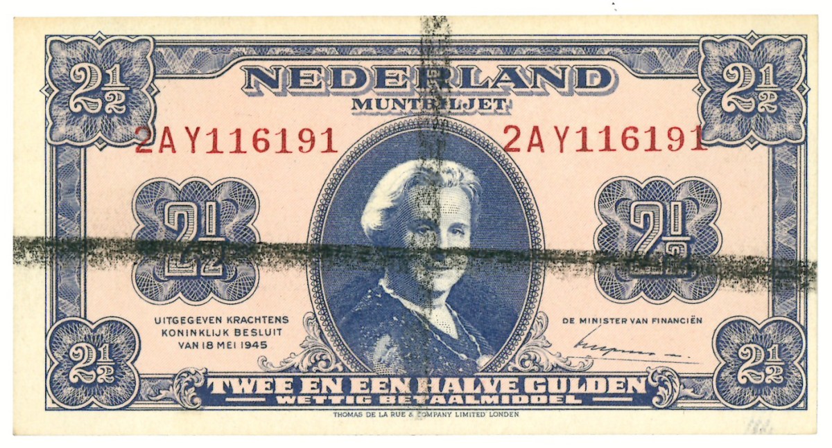 Nederland. 2½ gulden. Misdruk - blanco achterkant. Type 1945. - UNC.