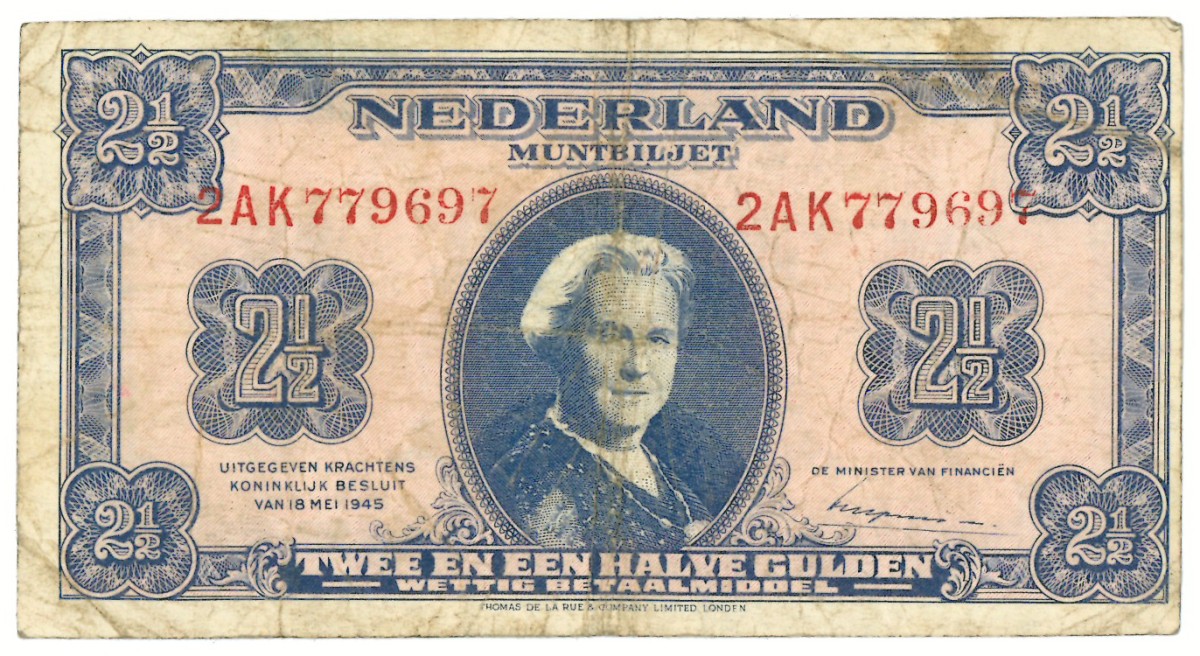 Nederland. 2½ gulden. Misdruk. Type 1945. - Fraai.