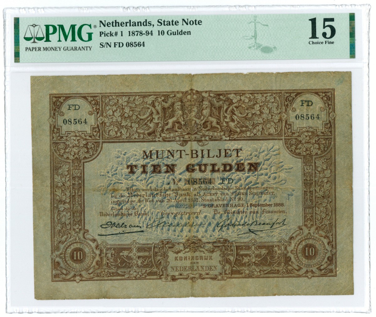 Nederland. 10 gulden. Muntbiljet. Type 1878. - PMG 15.