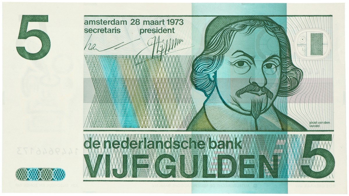 Nederland. 5 gulden. Misdruk - mist gele kleur verf voorraad was op. nagekeken door Joh. Enschede. Type 1973. - Nagenoeg UNC.