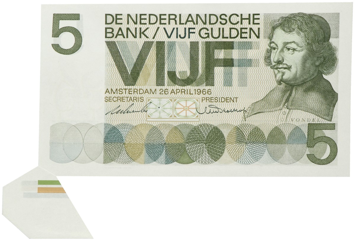 Nederland. 5 gulden. Misdruk - velrand. Type 1966. - UNC.