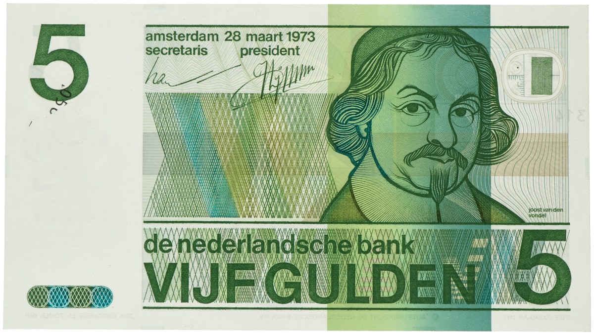 Nederland. 5 gulden. Misdruk - nummers voorzijde. Type 1973. - UNC.