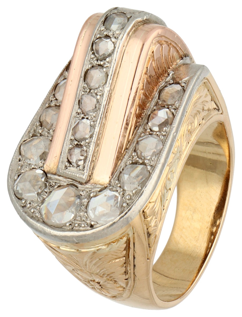 14K Bicolour gouden asymmetrische retro ring met diamant.