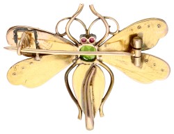 No reserve - 14K Bicolour gouden vlinder broche met groene en rode simili en faux parels.