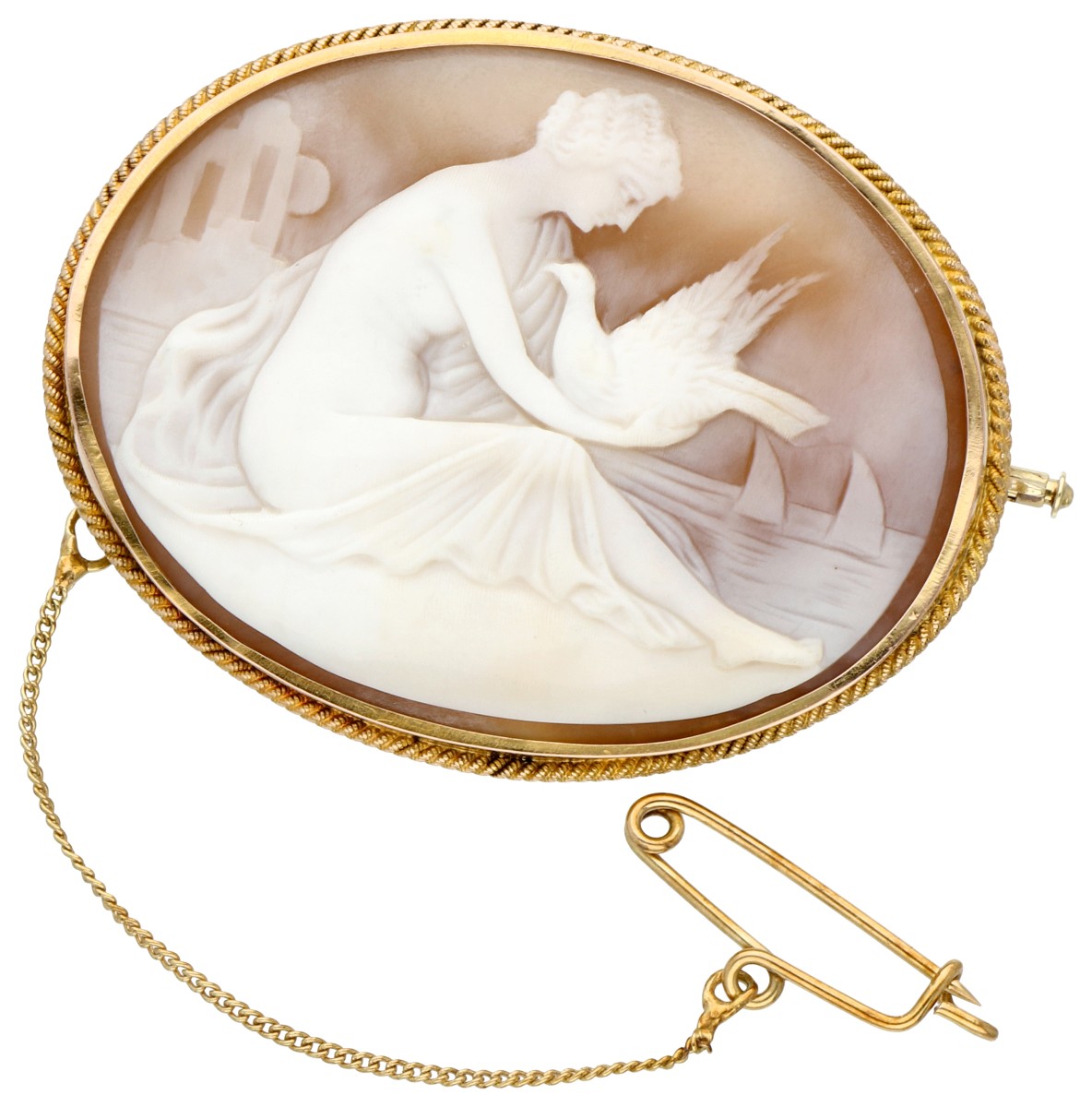 Leda en de zwaan 14K geelgouden schelpcamee broche.