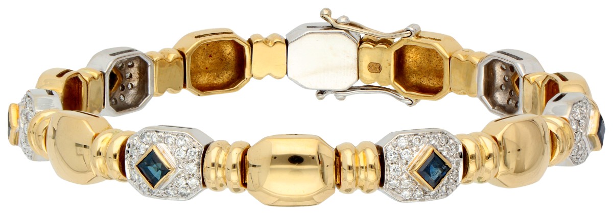 18K Bicolour gouden vintage armband bezet met ca. 0.63 ct. diamant en synthetische saffier.