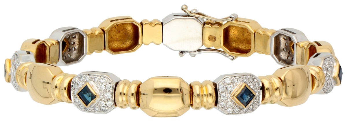 18K Bicolour gouden vintage armband bezet met ca. 0.63 ct. diamant en synthetische saffier.