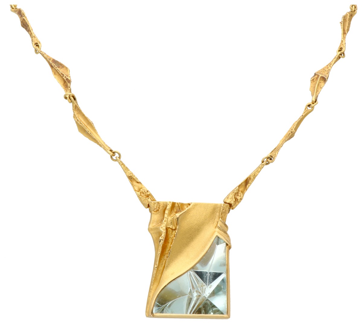 Limited Edition Björn Weckström & Bernd Munsteiner 18K geelgouden collier met hanger bezet met Fancy cut aquamarijn.