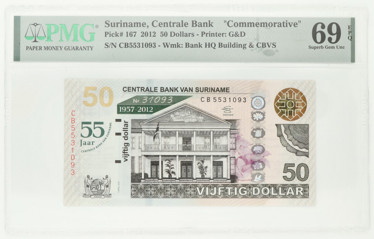 Suriname. 50 dollar. Banknote. Type 2012. - PMG 69EPQ.