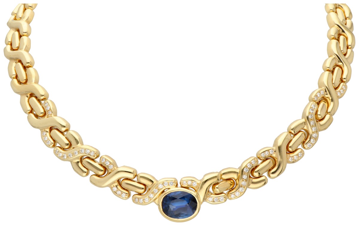 Gecertificeerd 18K geelgouden choker collier met natuurlijke saffier en diamant.