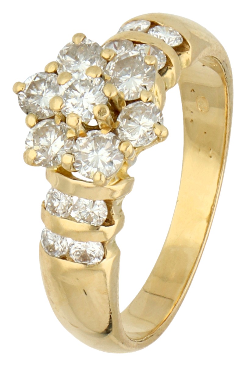 18K Geelgouden shoulder ring bezet met ca. 0.88 ct. diamant.