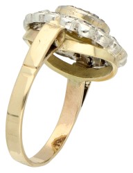 14K Geelgouden entourage ring bezet met diamant en synthetische saffier in sterling zilveren zettingen.