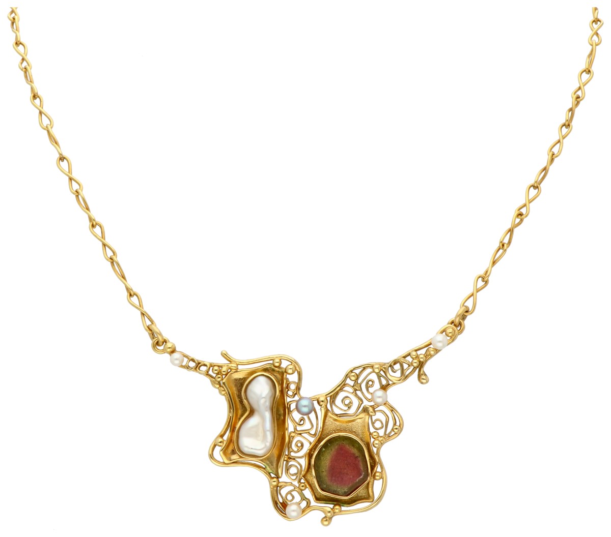 14K Geelgouden design collier met watermeloen toermalijn en gecultiveerde parels.