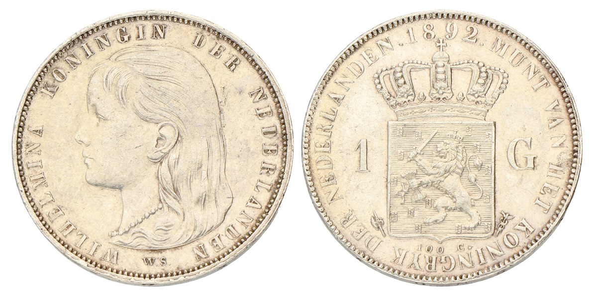 1 Gulden. Wilhelmina. 1892. Prachtig / UNC.