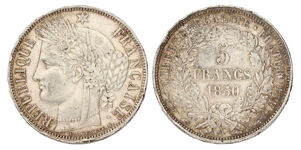 No reserve - France. Second Republic. 5 Francs. 1850 A.