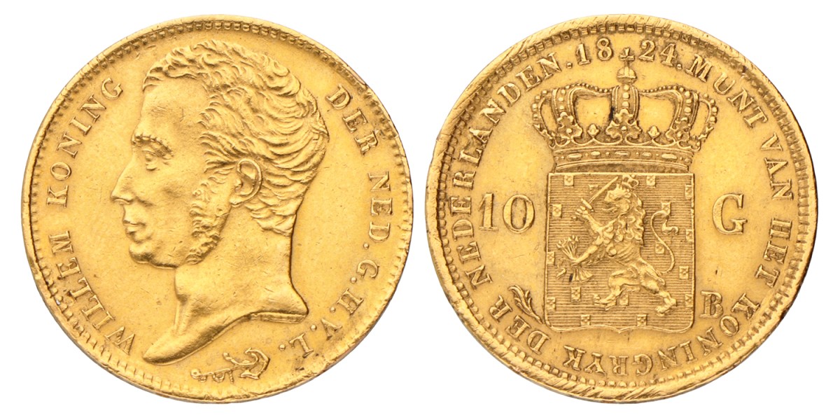 10 Gulden. Willem I. 1824 B. Zeer Fraai / Prachtig.