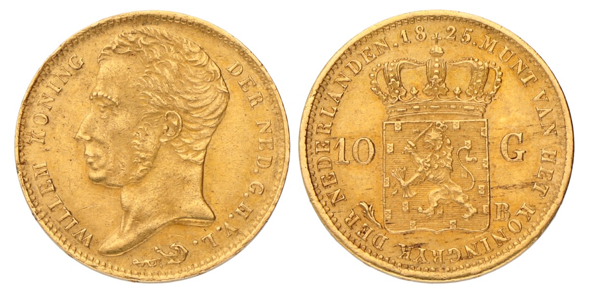 10 Gulden. Willem I. 1825 B. Zeer Fraai +.