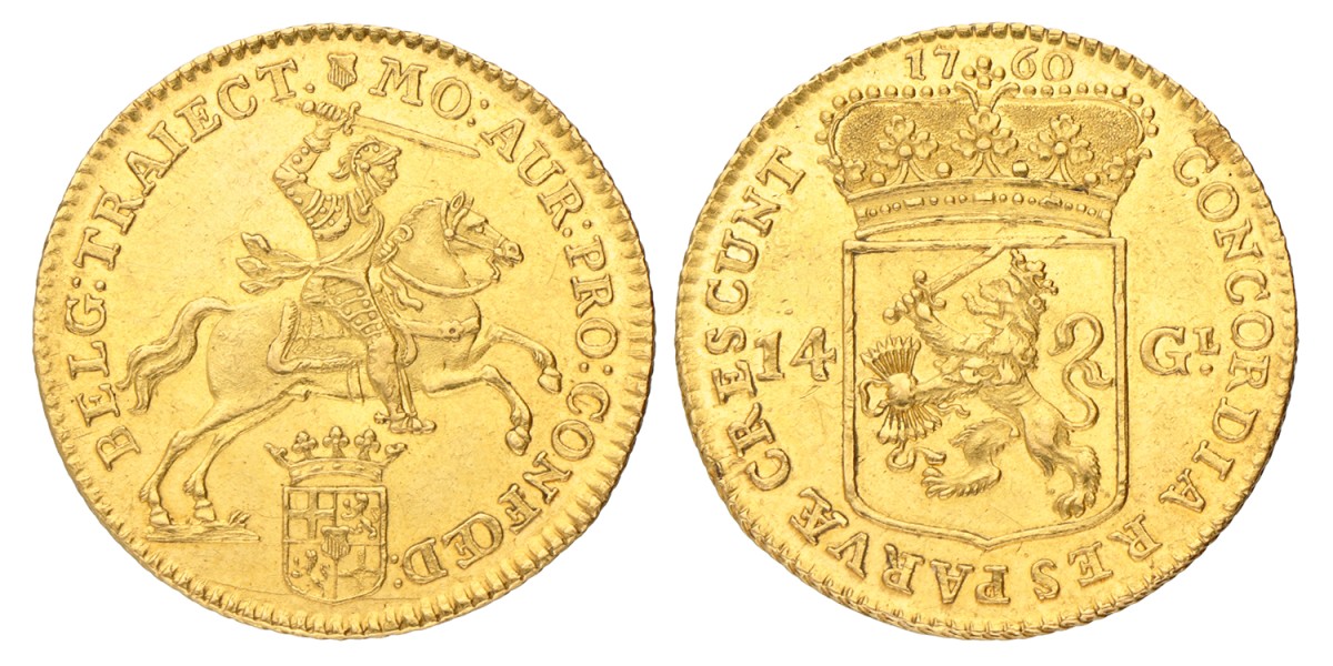 Gouden rijder van 14 gulden. Utrecht. 1760. Prachtig.