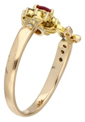 Vintage 14K geelgouden ring bezet met diamant en synthetische robijn.